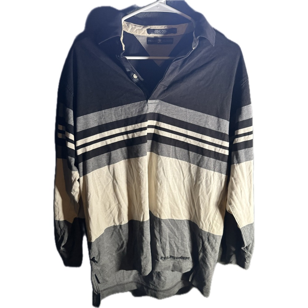 Tommy Hilfiger Mens Long Sleeve Rugby Shirt Striped Black Grey White Small